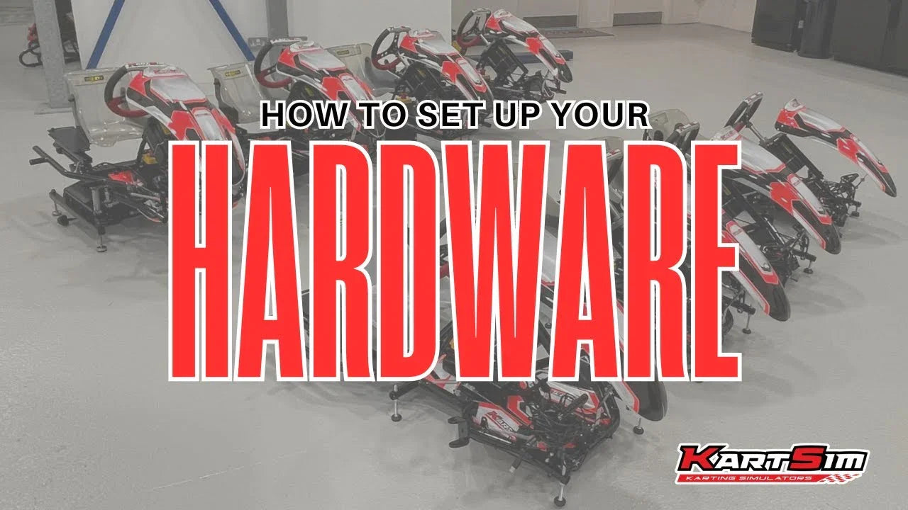 Row of professional kart simulator rigs with racing seats, pedals, and adjustable chassis for driver training.