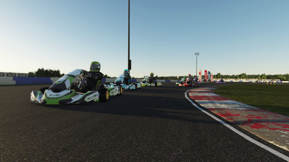 Beginner driver training on a KartSim Pro simulator using laser-scanned circuits and realistic kart physics to improve racecraft and prepare for real-world racing.