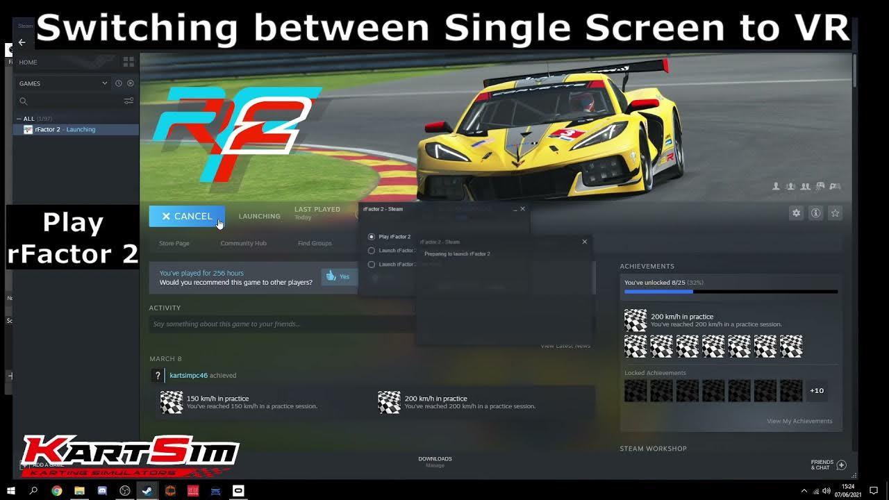 Kart simulator training software interface showing rFactor 2 with VR and single screen switching option.