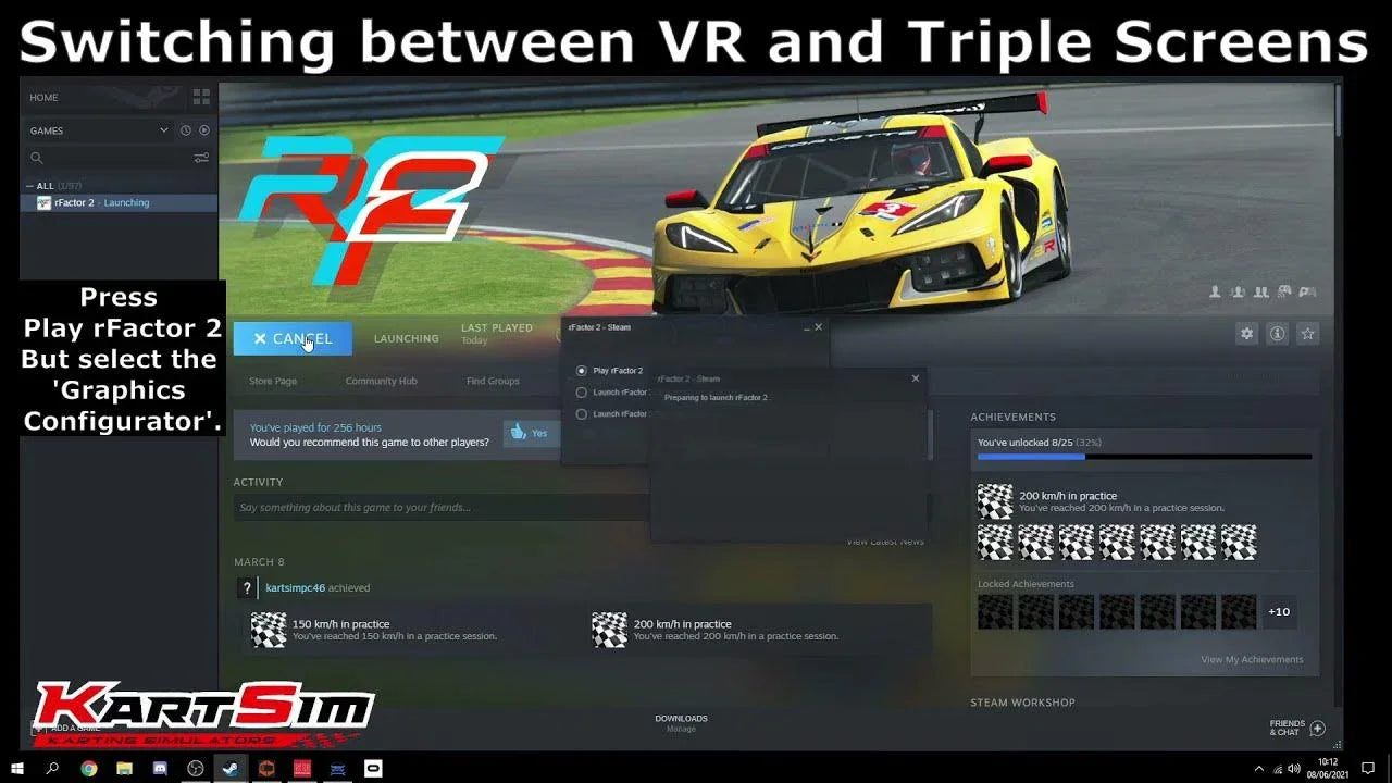 Triple screen kart racing simulator interface showing VR and graphics configuration for professional karting training.