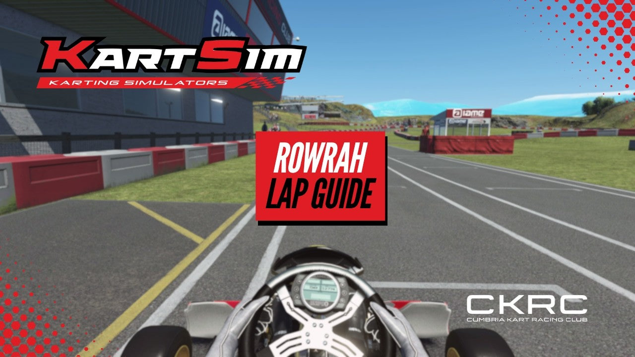 KartSim simulator first-person view on Rowrah track with lap guide, featuring realistic kart racing interface and CKRC branding