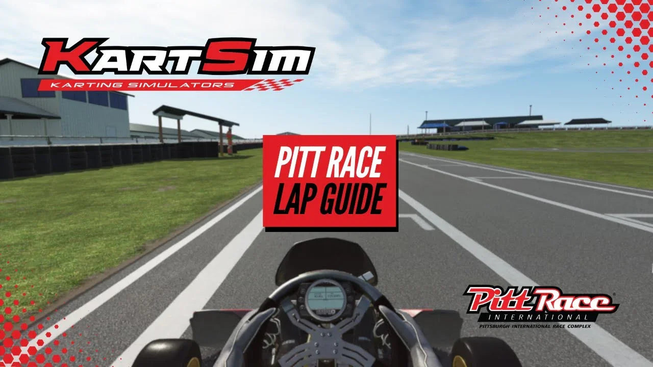 Kart simulator cockpit view with steering wheel, realistic Pitt Race track, kart racing training interface