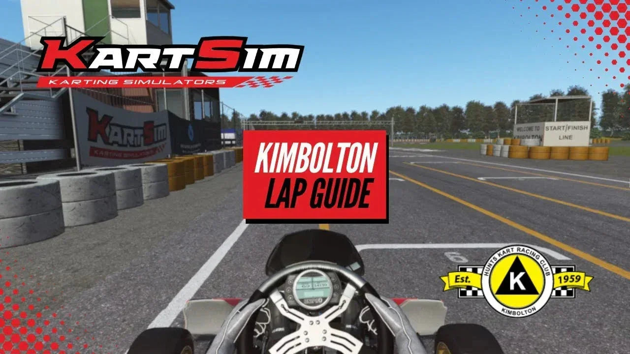 Kart racing simulator cockpit view on Kimbolton track, showing steering wheel and telemetry for driver training.