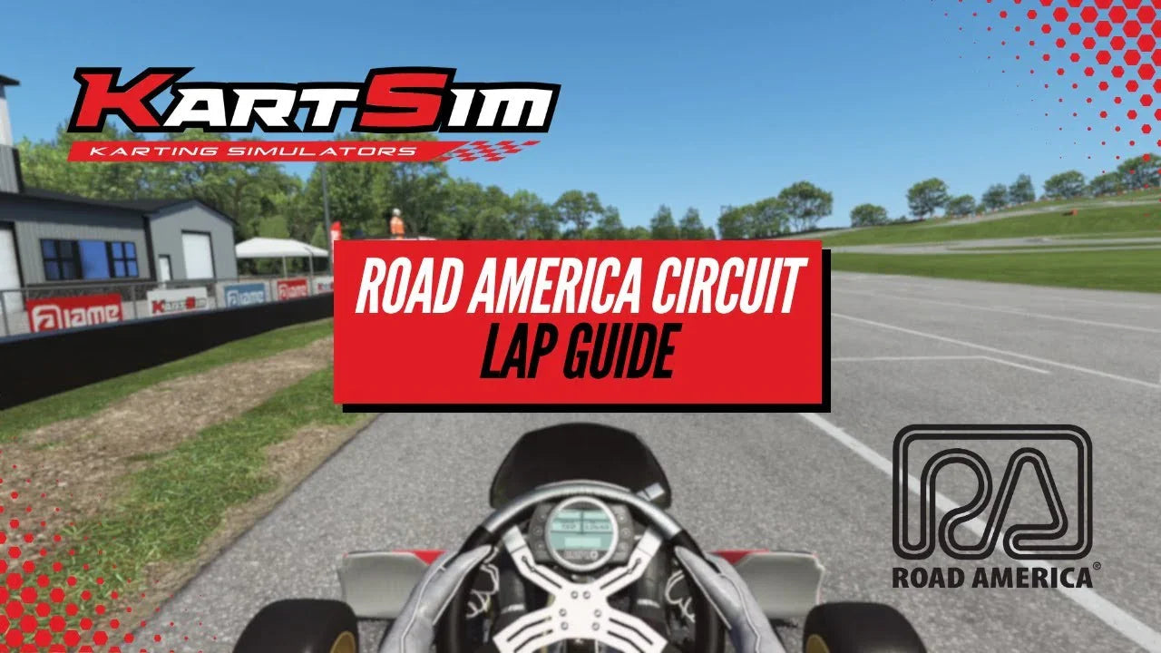 Kart simulator driver cockpit view of realistic Road America kart racing track lap guide