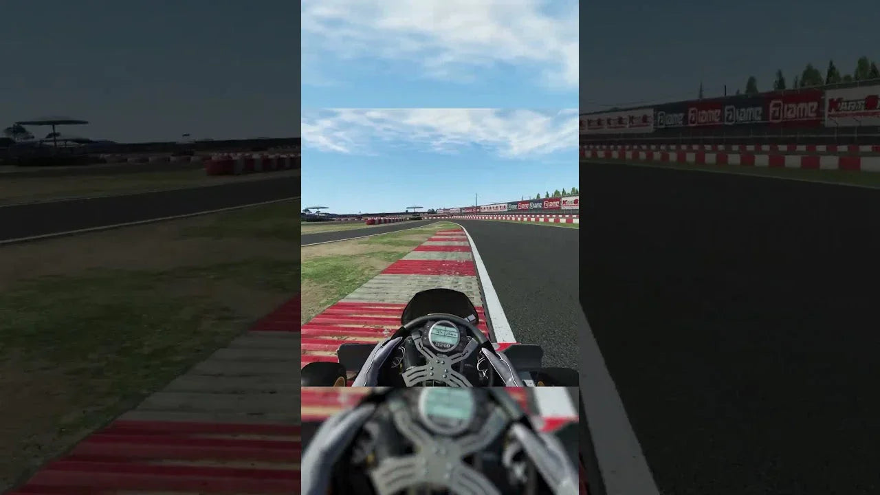 Realistic kart racing simulator cockpit view with telemetry HUD on a laser-scanned racetrack