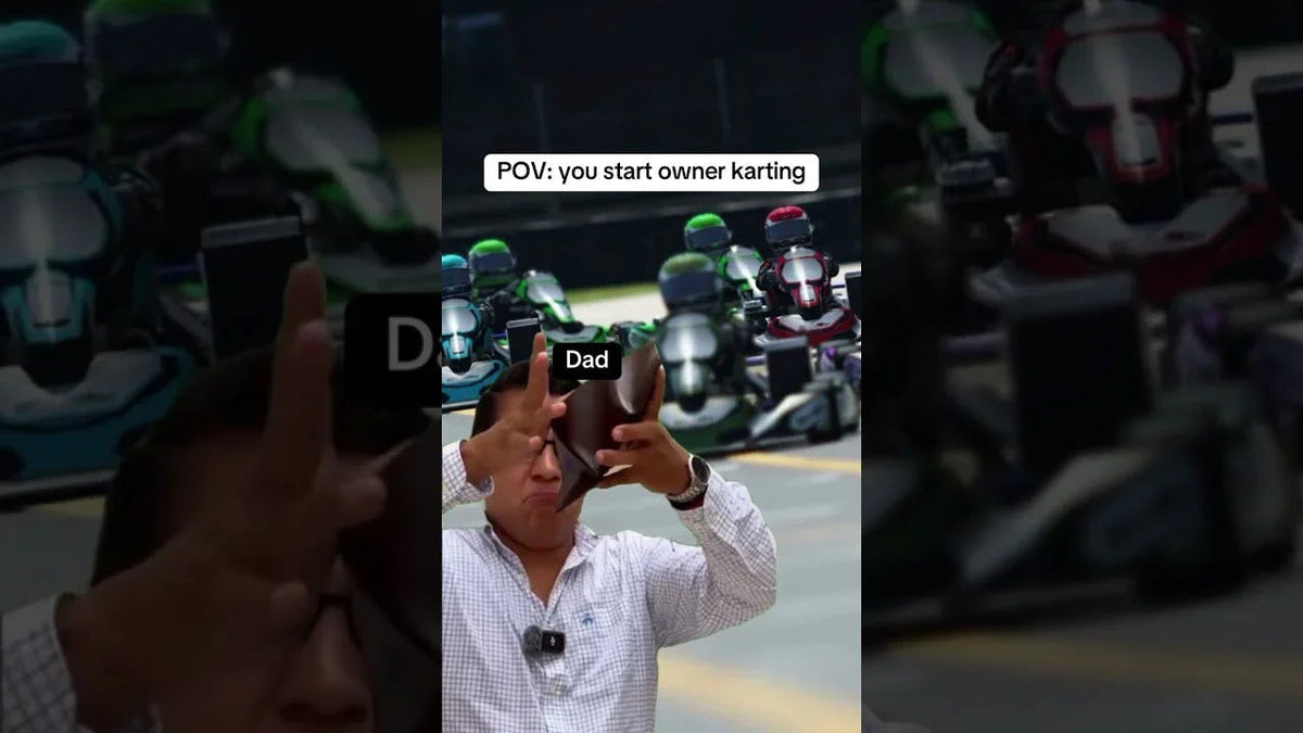 Humorous scene showing a man labeled Dad with empty wallet in front of professional kart racing grid, emphasizing kart driver training expenses.