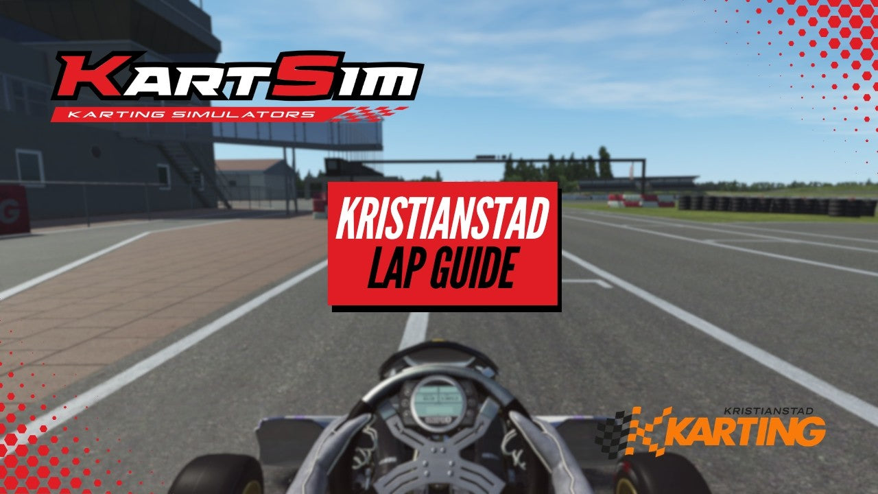 KartSim simulator cockpit view on Kristianstad track with lap guide overlay for kart driver training
