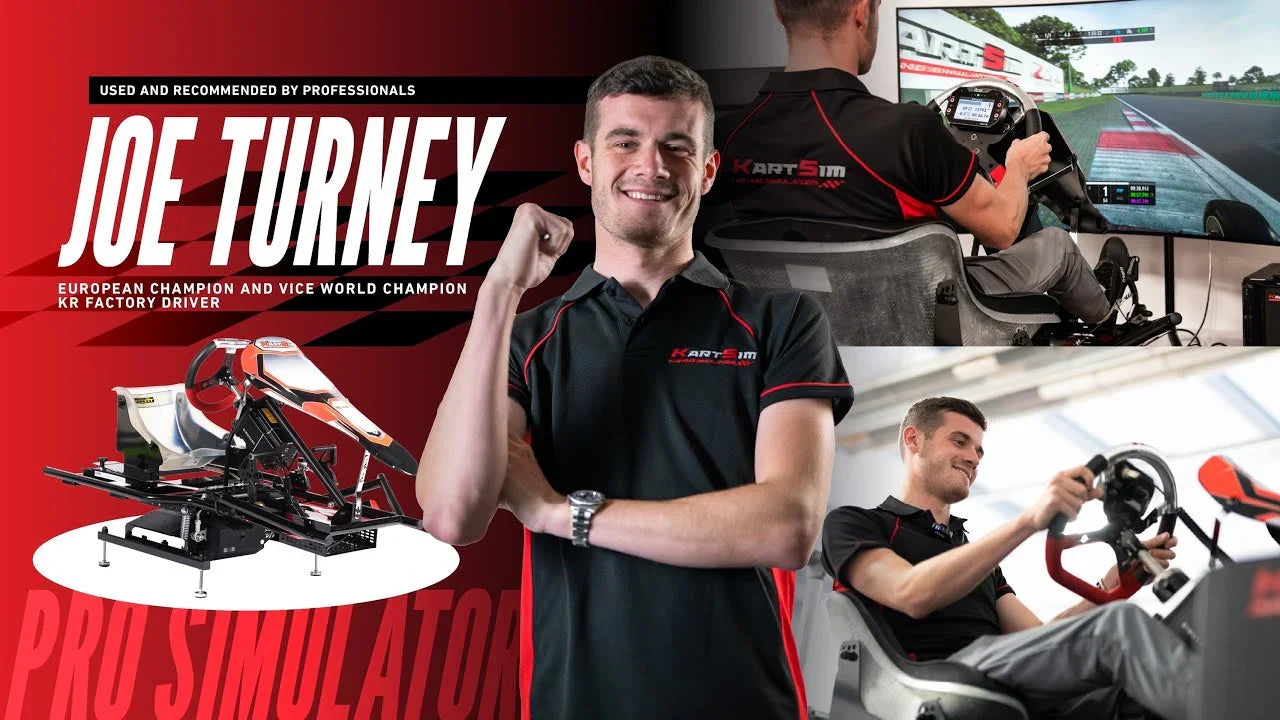 Professional kart simulator rig with realistic seating, wheel, pedals, and driver in training environment.