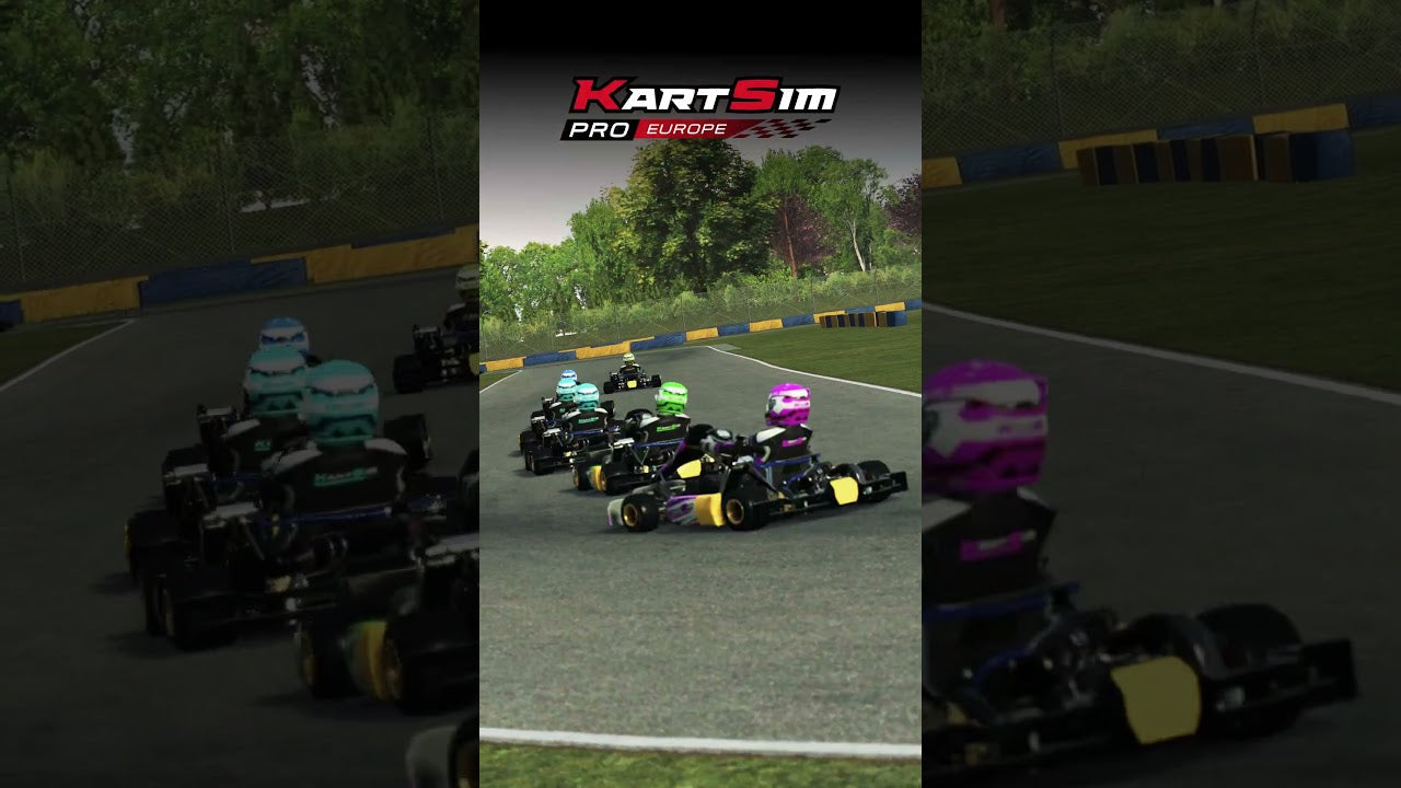 KartSim Pro Europe racing interface with multiple kart drivers on a realistic LiDAR-scanned track for professional karting training.