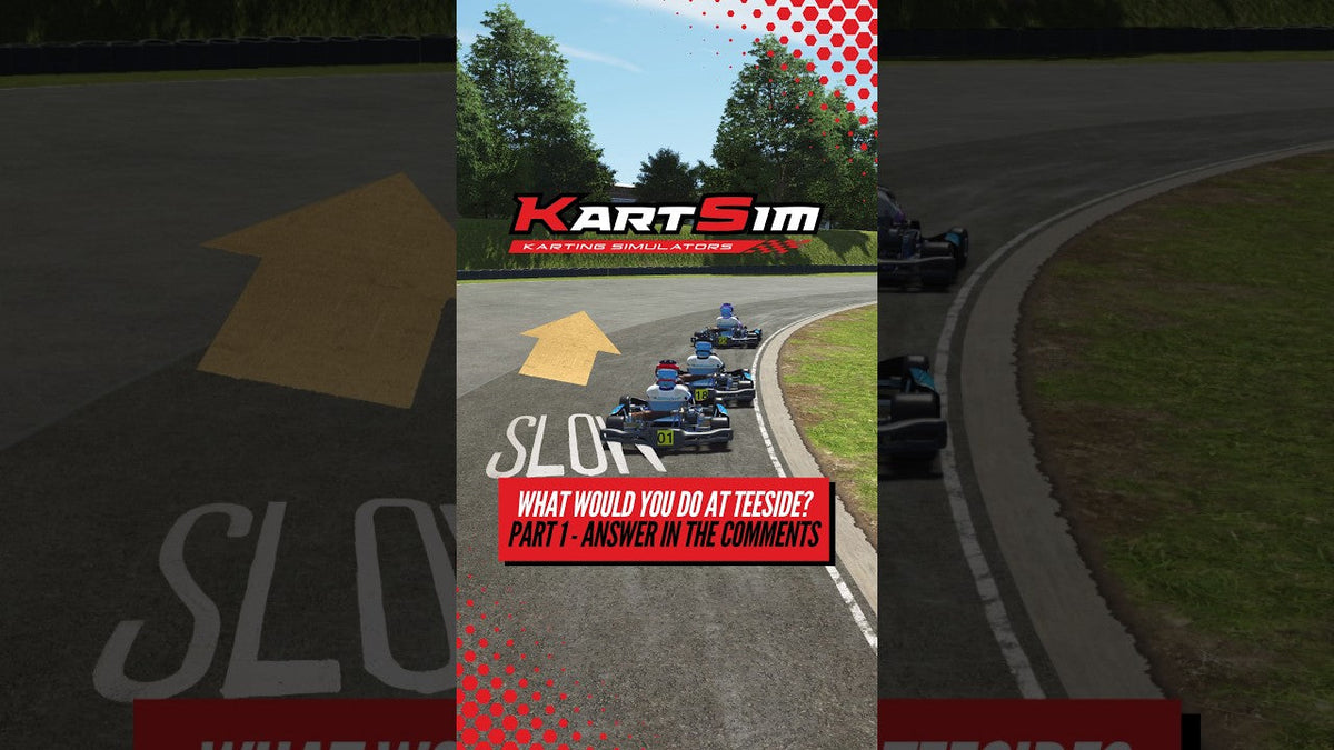 KartSim racecraft scenario at Teeside showing a driver assessing an overtaking opportunity in realistic professional kart simulation.