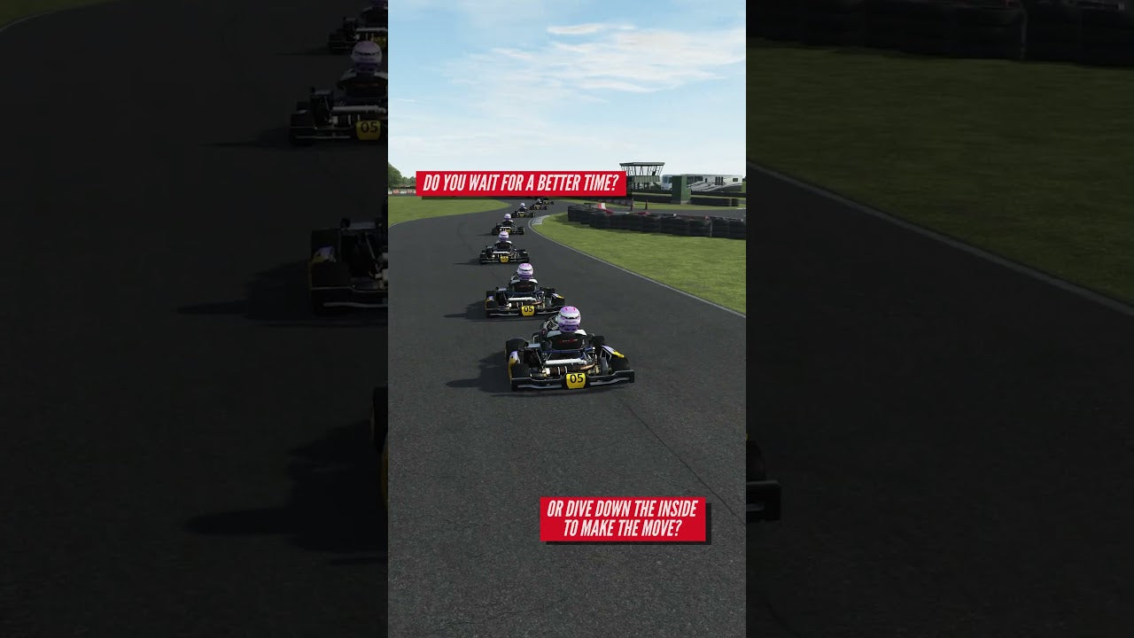 Kart racing simulator showing realistic track with drivers competing, training for performance and strategy decisions.