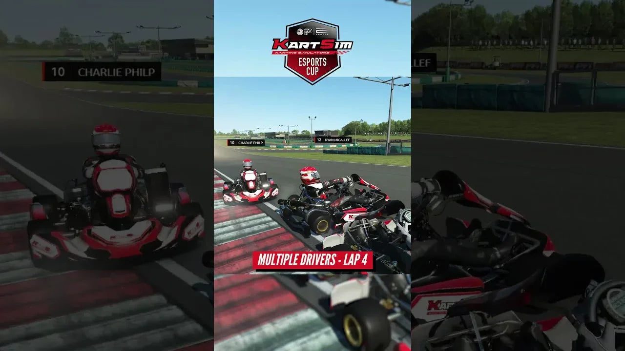 Professional kart simulator software showing multiple drivers racing on a realistic virtual karting track.