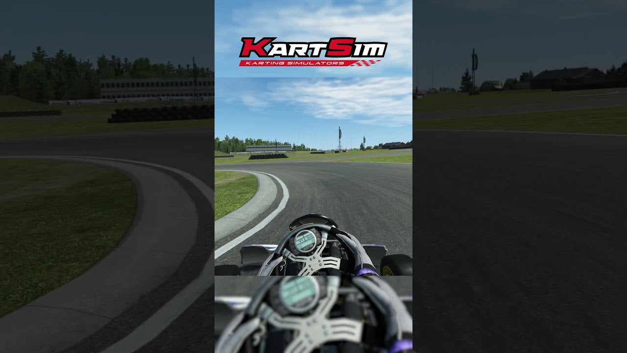 KartSim simulator cockpit view on realistic racing track with telemetry HUD for professional kart driver training