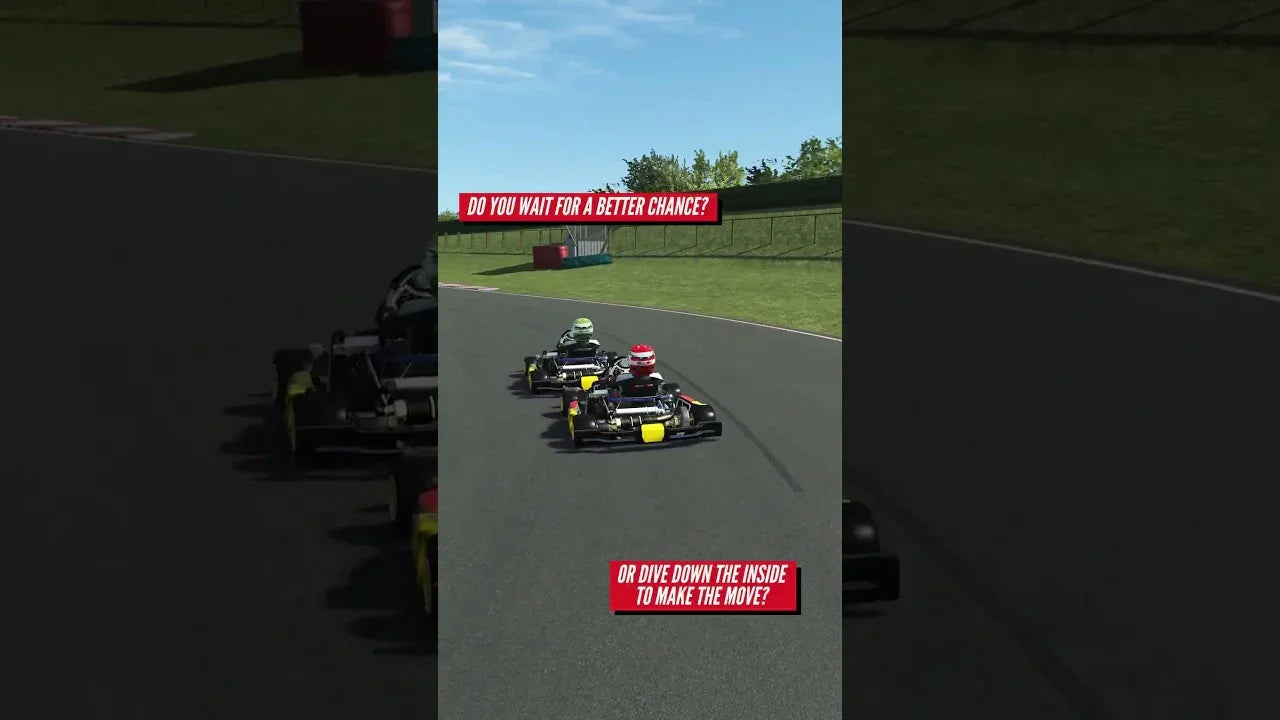 Kart racing simulator showing two karts battling on a realistic track with strategic racing prompts for driver training.