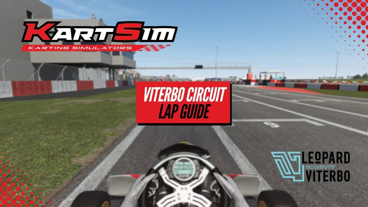 Kart racing simulator onboard view showing Viterbo Circuit lap guide and telemetry display for driver training