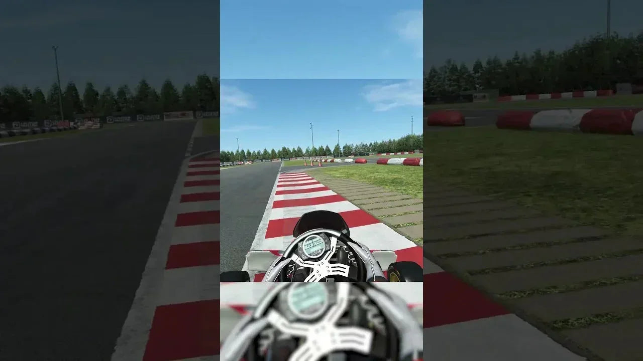 kart racing simulator cockpit view showing realistic LiDAR scanned track and digital HUD display