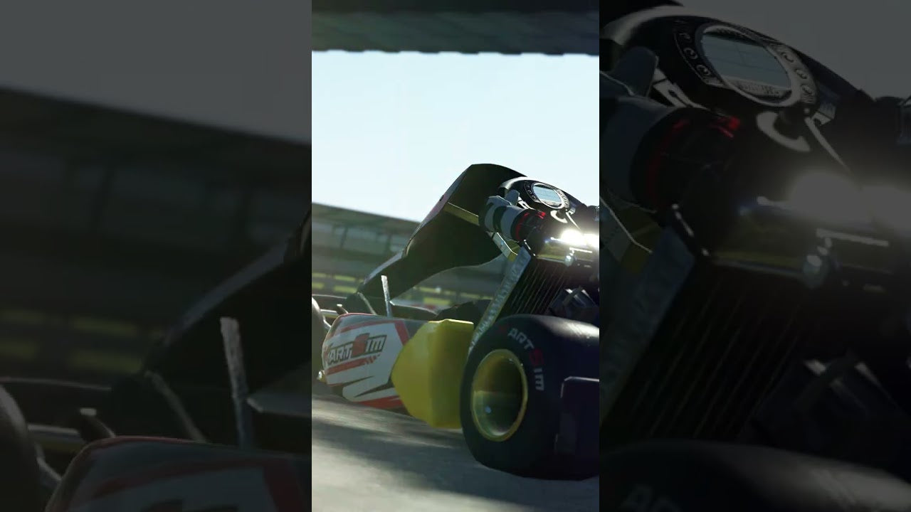 KartSim simulator showing realistic kart racing with driver in motion, telemetry HUD, and LiDAR-scanned track environment
