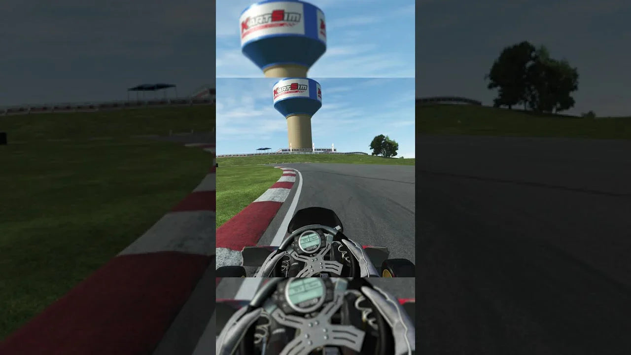 kart racing simulator cockpit view with digital display, showing realistic track and driver training environment