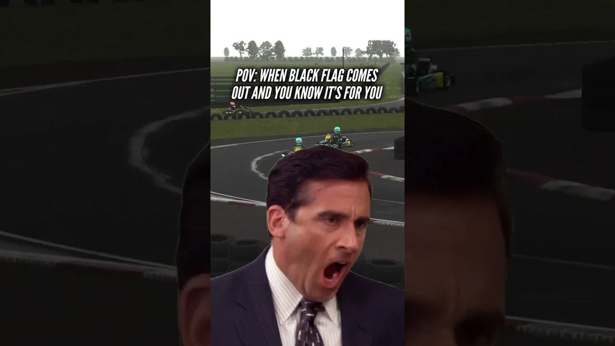 Realistic kart racing simulator track interface with on-track karts, meme reaction overlayed, esports training theme