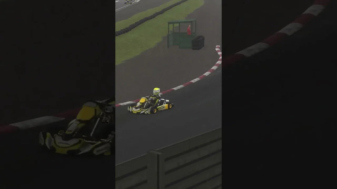 Kart racing simulator software showing realistic track with kart driver navigating corner, ideal for professional karting training.