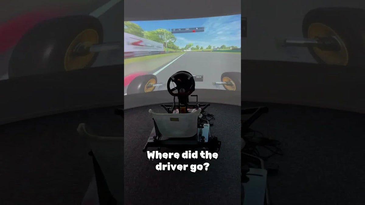 Professional kart simulator with racing seat, wheel, and pedals, immersive karting training interface on screen