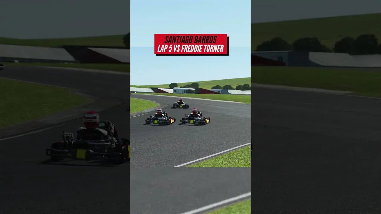 Professional kart simulator race showing multiple karts on a realistic virtual training track