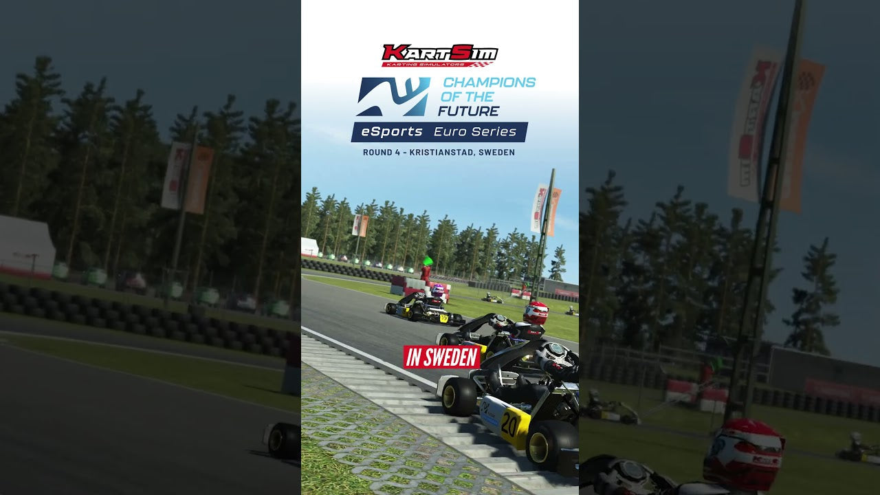 KartSim eSports Euro Series race in Sweden, featuring realistic kart racing simulator action on a LiDAR-scanned track.