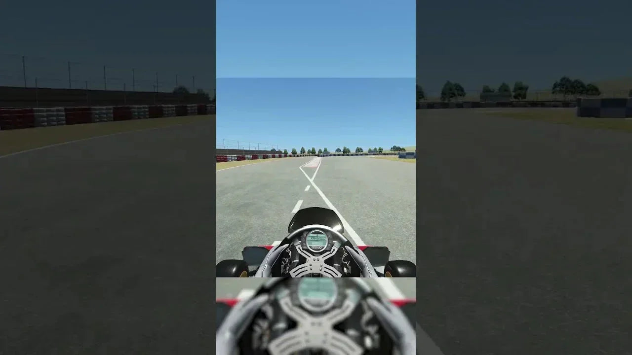 First-person view of kart racing simulator interface showing steering wheel, pedals, and realistic track environment for professional driver training.