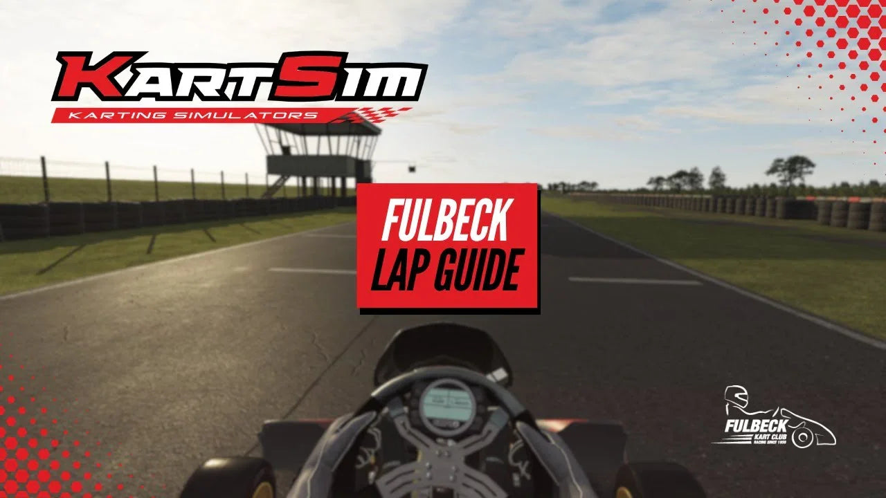 Professional kart simulator cockpit view on realistic virtual Fulbeck karting track lap guide.