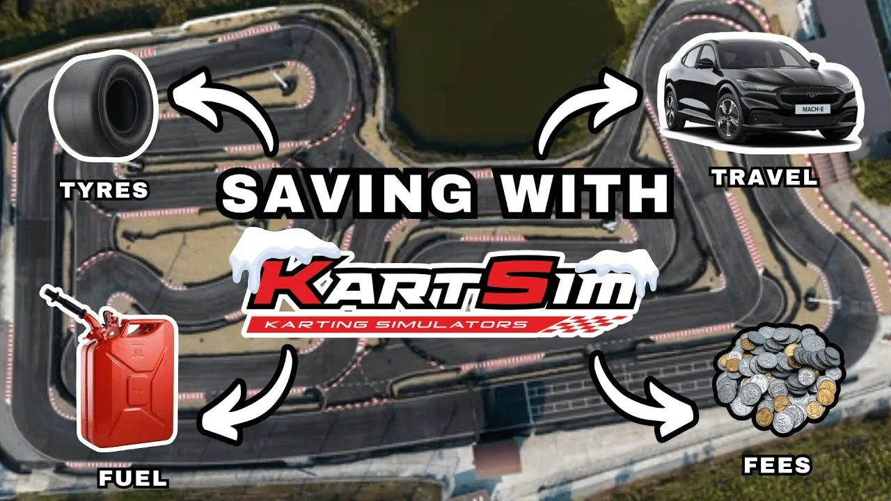 Kart racing simulator savings infographic shows costs for tyres, fuel, travel, and fees over a realistic track.