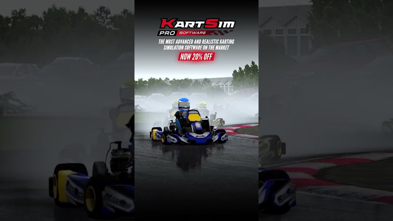 KartSim Pro software showcasing realistic kart racing simulation with wet track and competitive drivers