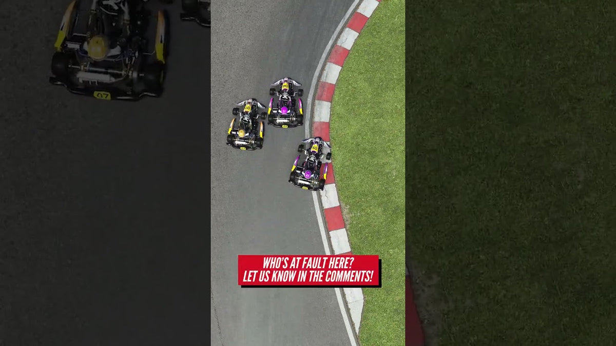 Three KartSim esports drivers involved in a close racing incident, used to analyse overtaking, defending and professional karting racecraft.