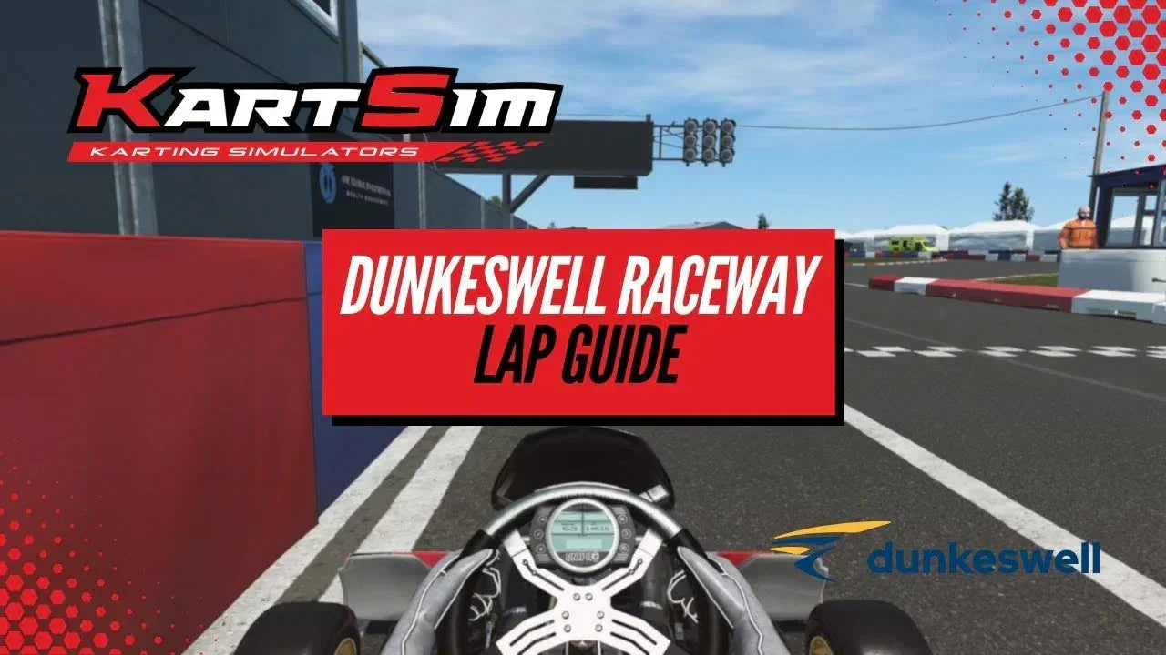 Kart racing simulator lap guide showing virtual Dunkeswell Raceway from a driver’s cockpit view.