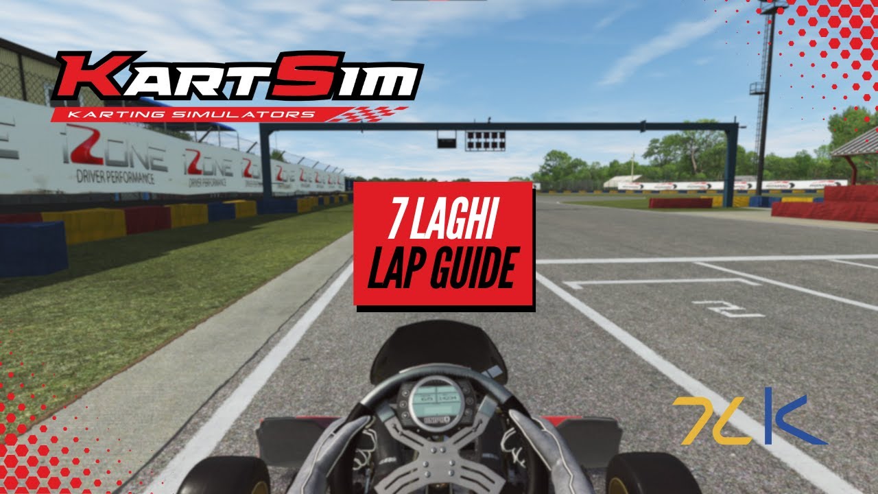 Kart racing simulator cockpit view on realistic 7 Laghi track, showing detailed telemetry HUD for driver training.