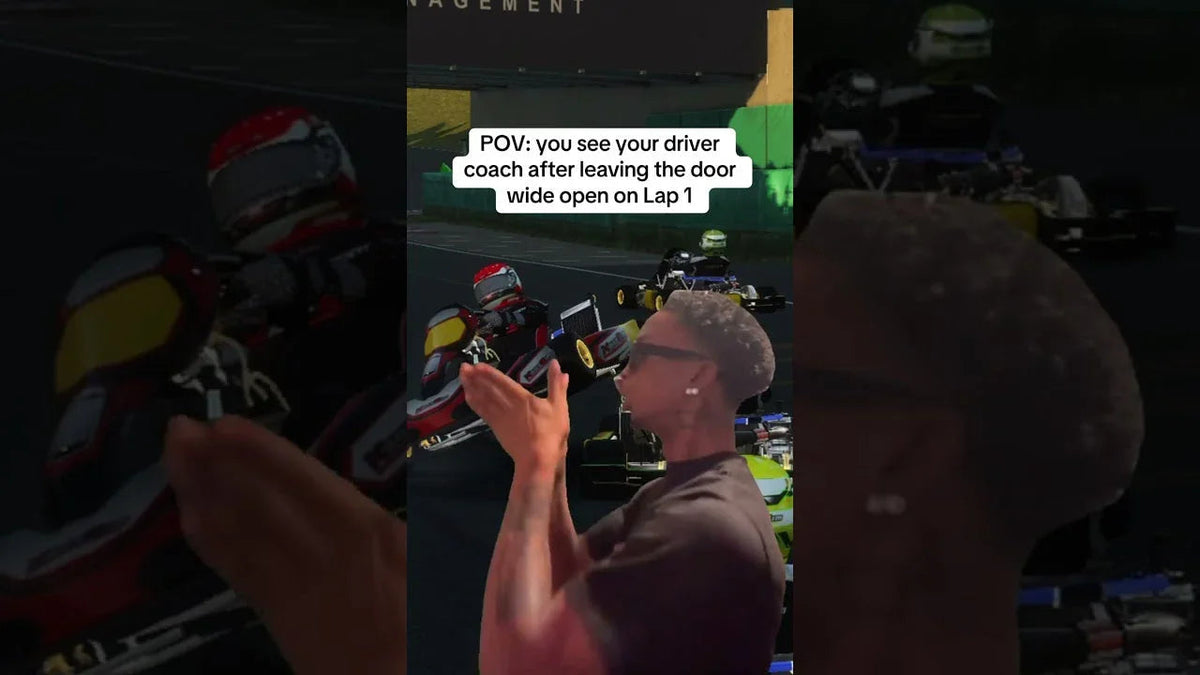 Kart racing simulator with virtual karts and driver coach overlay, emphasizing professional training realism