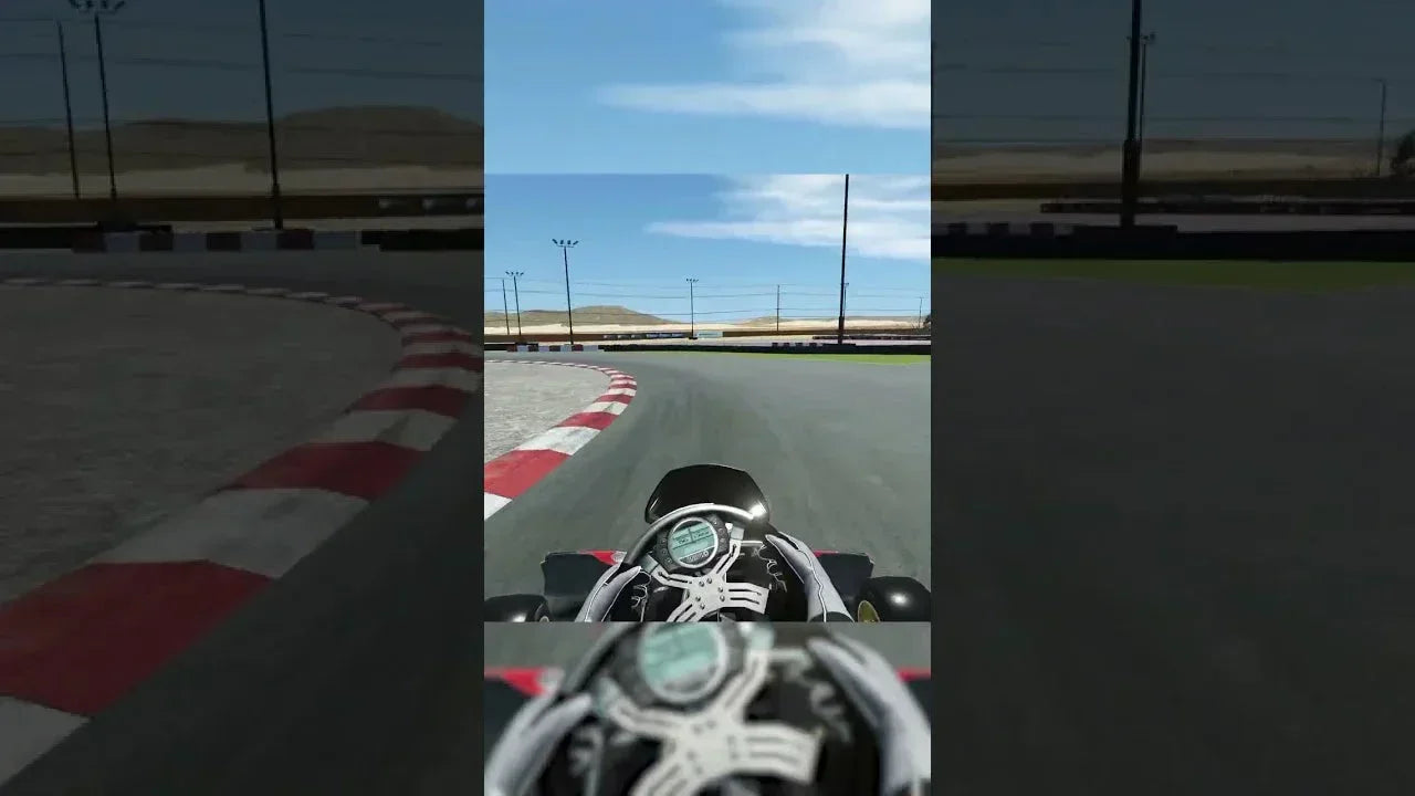 realistic kart racing simulator cockpit view showing detailed kart steering wheel and virtual track
