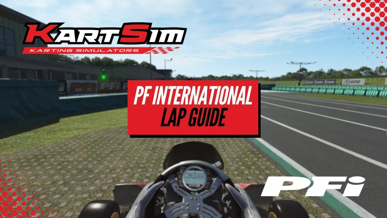 On-board hot lap at PF International Circuit in KartSim Pro UK Software, showing braking points and racing lines for professional driver training