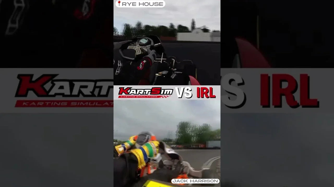 Side-by-side kart racing simulator and real kart driver comparison on a realistic Rye House track.