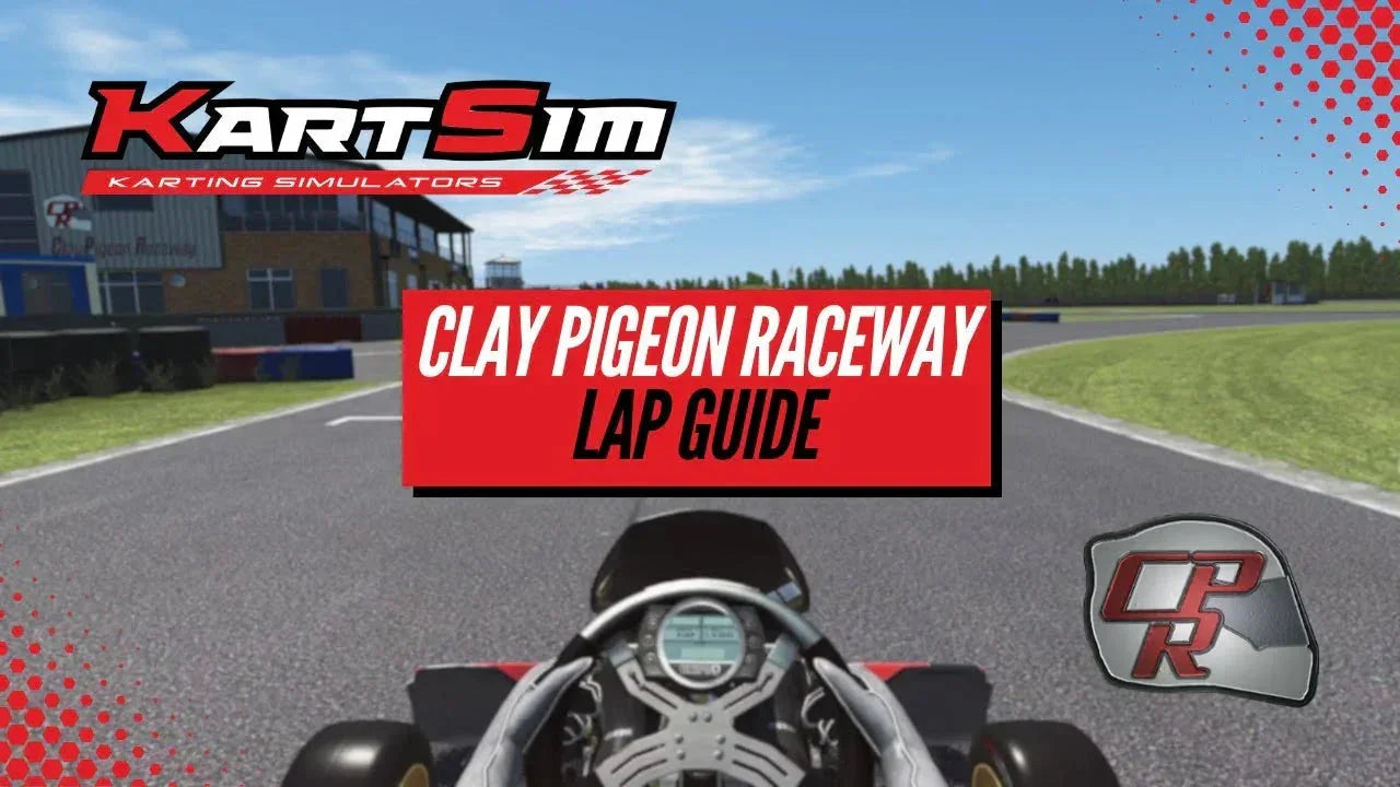 Kart racing simulator cockpit view on Clay Pigeon Raceway track with realistic racing environment