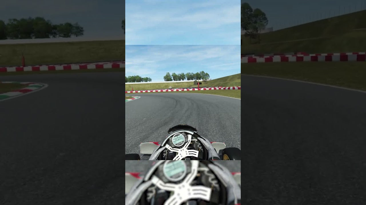 kart racing simulator cockpit view showing realistic track and steering wheel for driver training