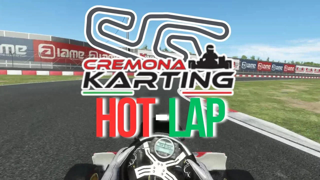 kart racing simulator view of Cremona Karting track, showing steering wheel and realistic racing environment