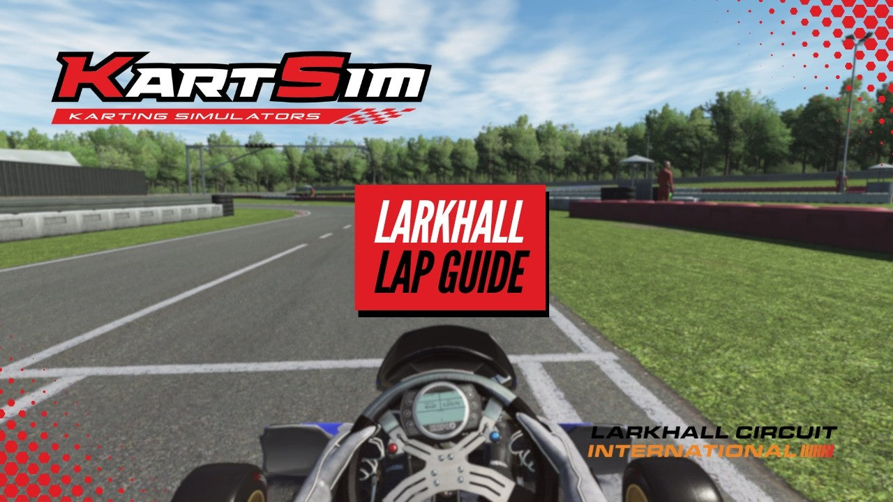 KartSim simulator view of Larkhall Circuit with lap guide, realistic kart racing environment for driver training