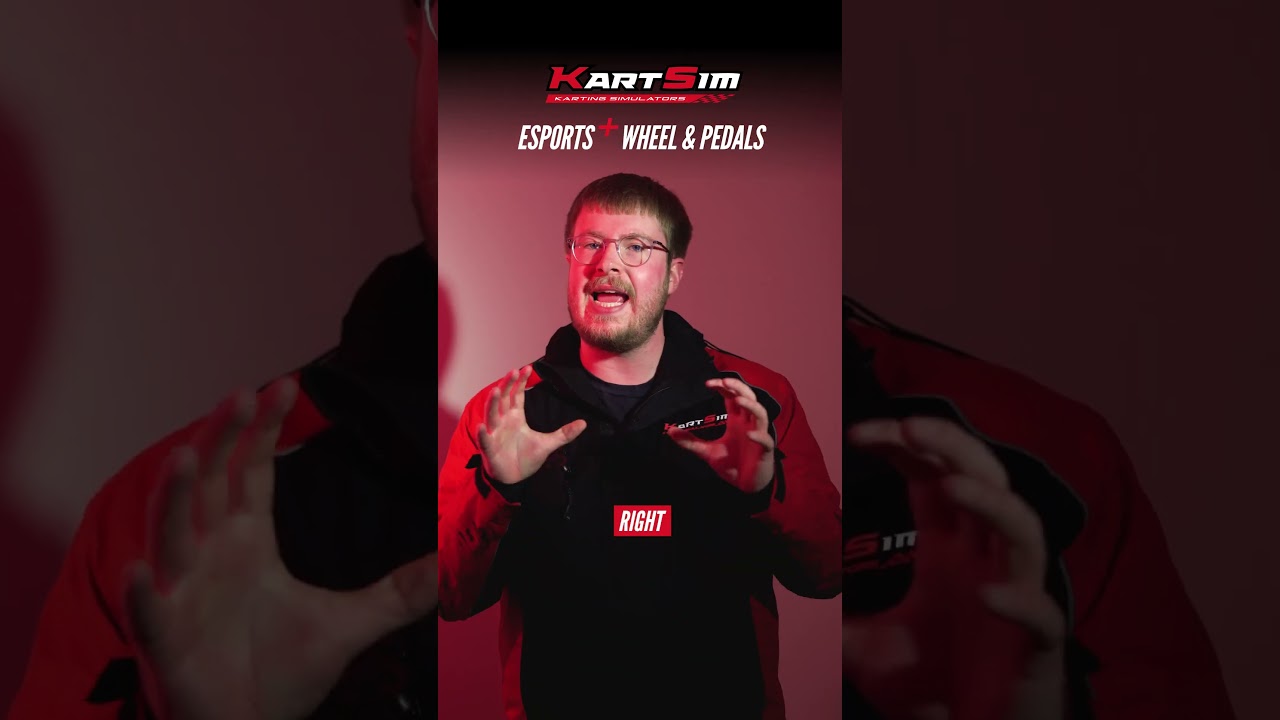 KartSim esports coach demonstrating wheel and pedals for kart driver training simulator setup