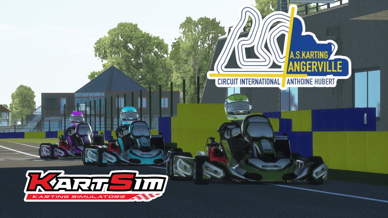 Virtual race session at Angerville Karting Circuit using KartSim Pro EU simulator with laser-scanned detail and realistic physics.