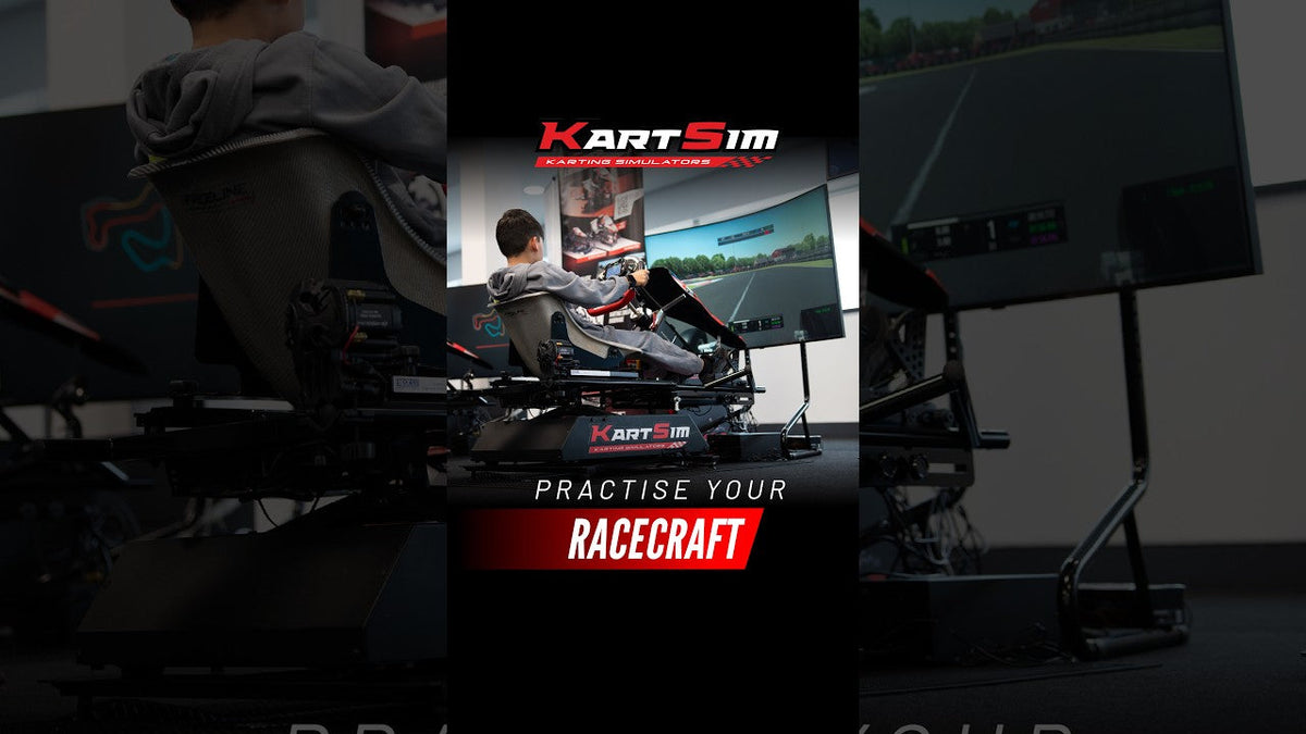 Driver using a KartSim Pro simulator to practise realistic karting racecraft, overtaking, defending and decision-making for professional race preparation.