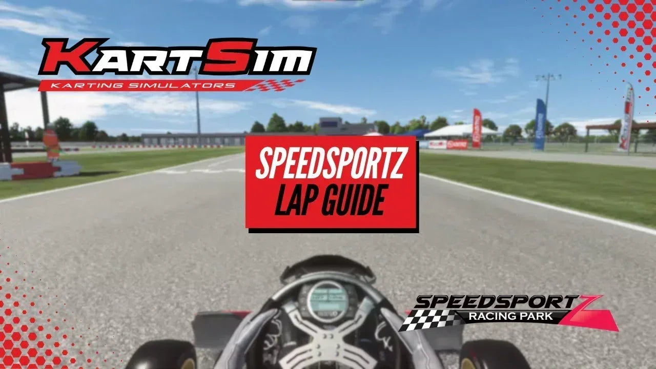 Driver following a SpeedSportz Racing Park lap guide using KartSim Pro Software in a realistic kart simulator environment.