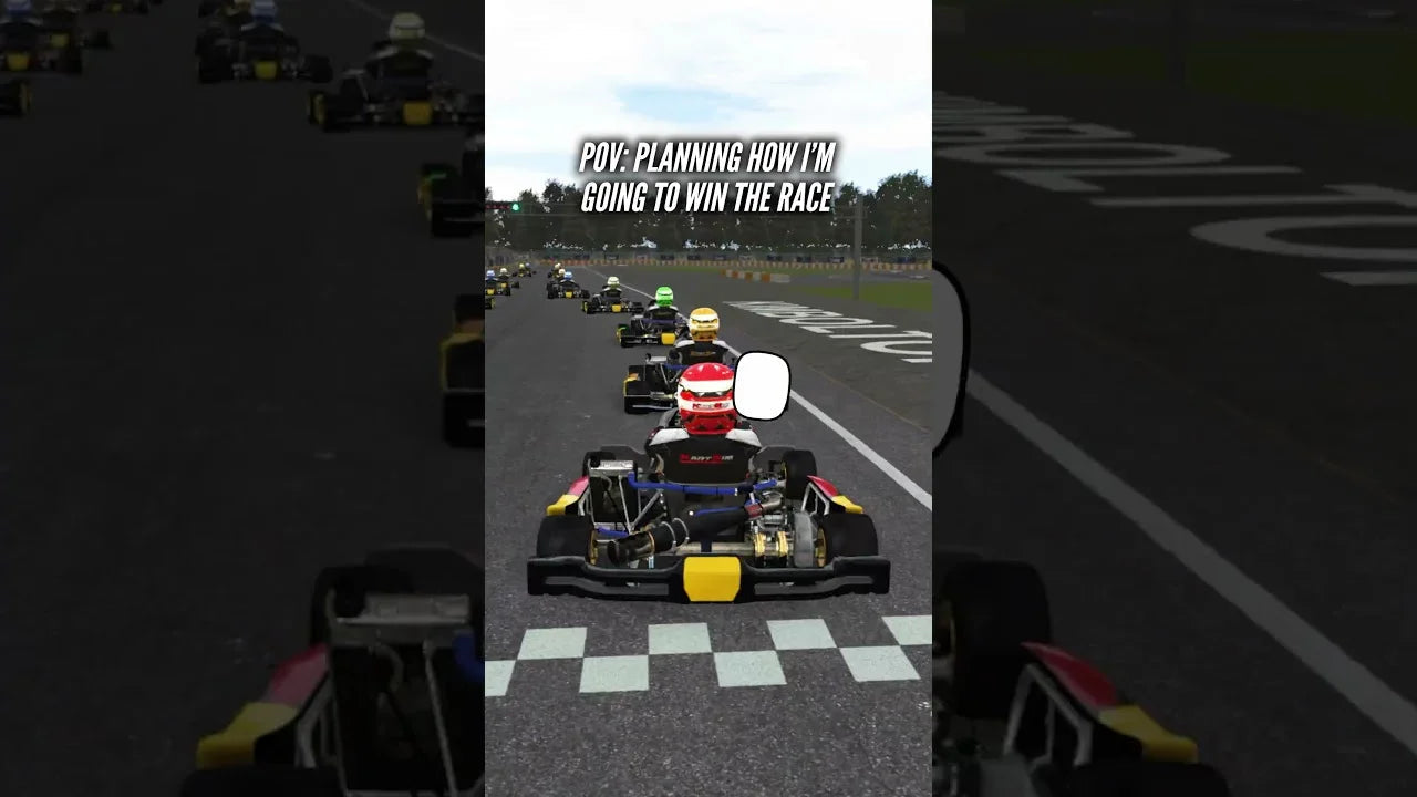 On-track karting start scene showing a kart lining up on the grid, with overlay text about overthinking and race start mistakes