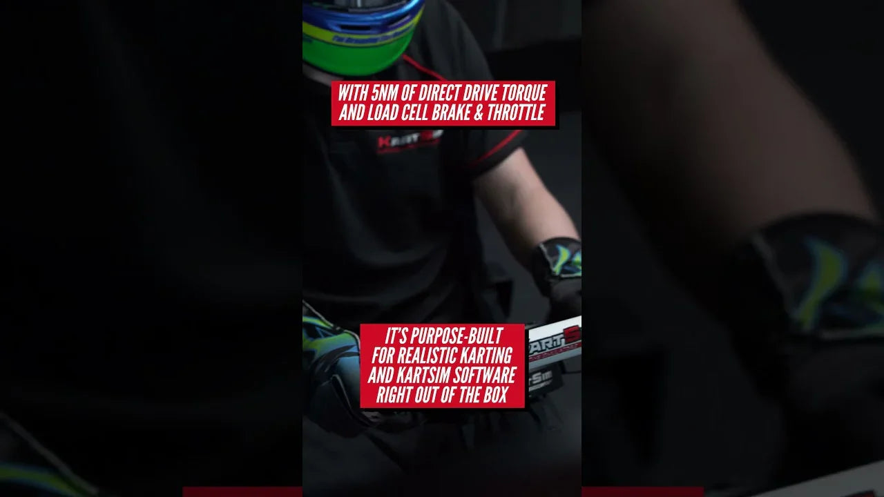 Professional kart simulator driver seated with gloves and helmet, using adjustable racing wheel.