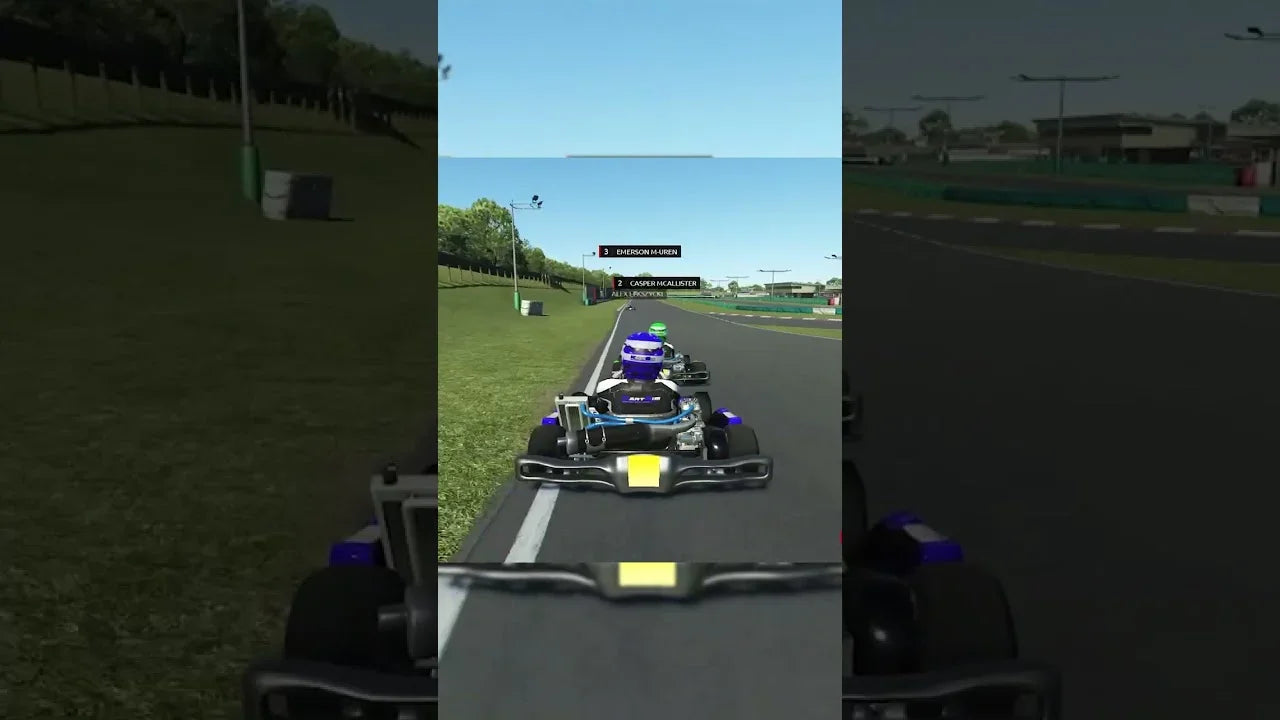 Kart racing simulator software with realistic track, driver avatars, and race position HUD for karting training