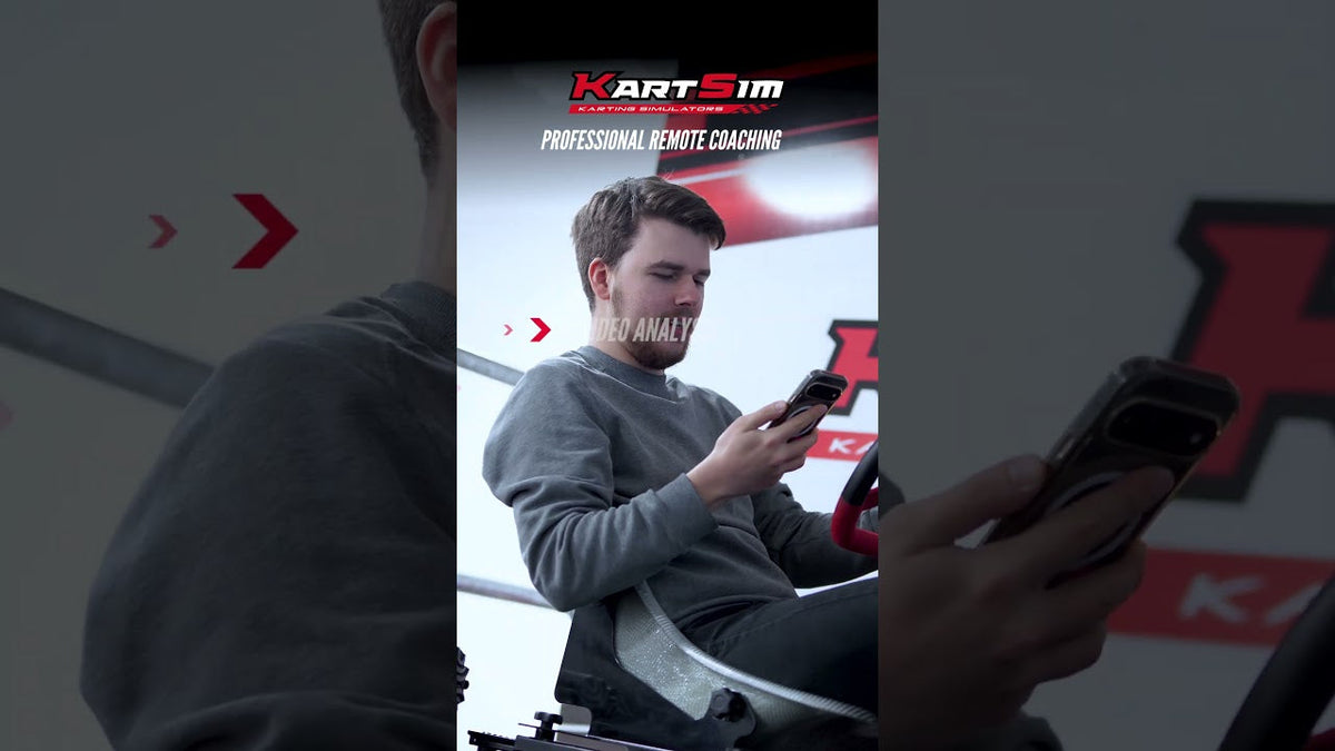 Driver receiving remote coaching while training on a KartSim professional simulator to improve lap times, technique and racing performance.